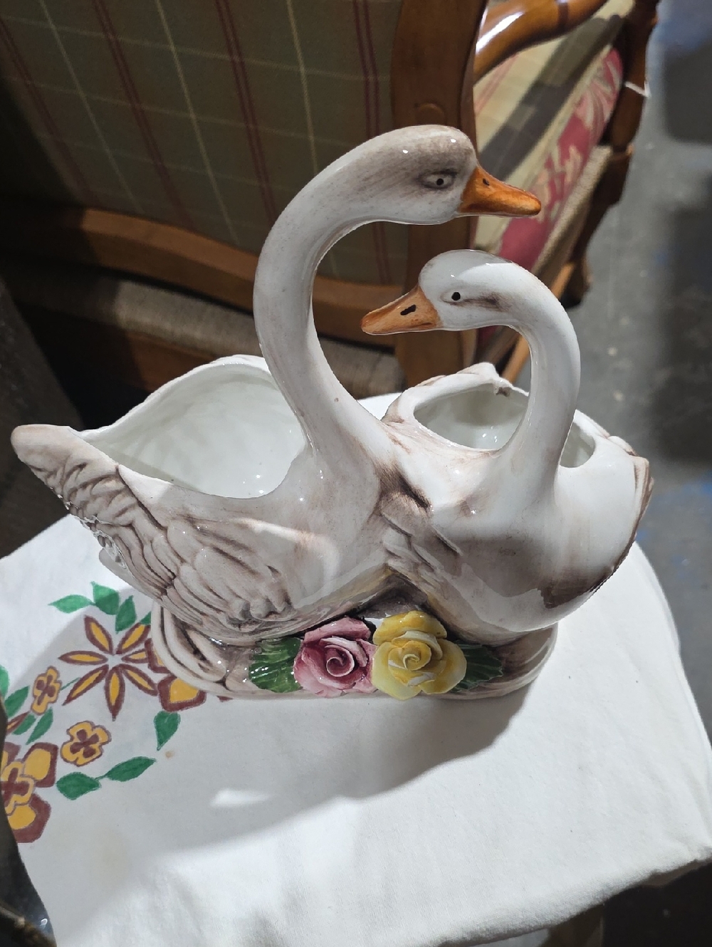 Capodimonte White Ceramic Swan Planter with Yellow and Pink Rose Accents